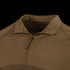 Close-up of the Condor Short Sleeve Combat Shirt Gen II, a lightweight brown tactical shirt featuring a quarter-zip front and stand-up collar.